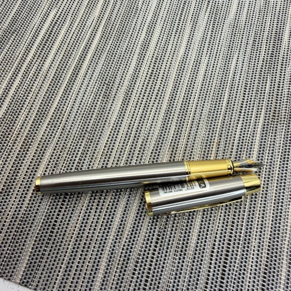 Luoshi 3070 Fountain Pen Brushed Stainless Steel Gold Trim 22KGP Medium Nib